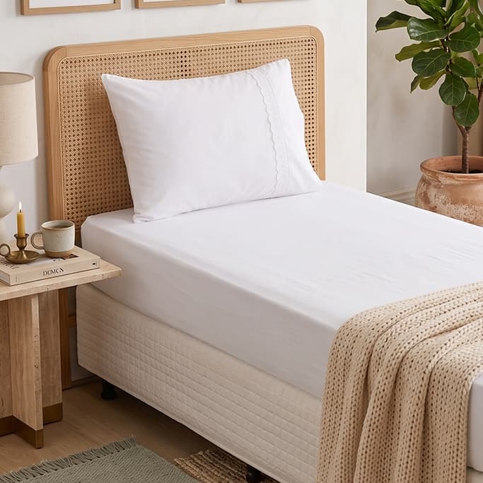 Jogo de Cama Solteiro 2 Peças 100% Algodão Liso com Lençol de Elástico e Fronha com Zíper Macio Confortável Várias Cores