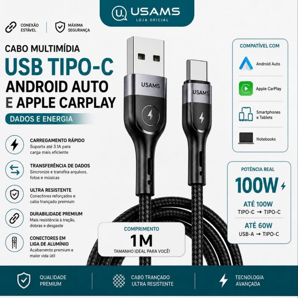 Cabo USB Tipo-C para Android e Apple, CarPlay, Multimídia para Carro, Dados e Carregamento Rápido