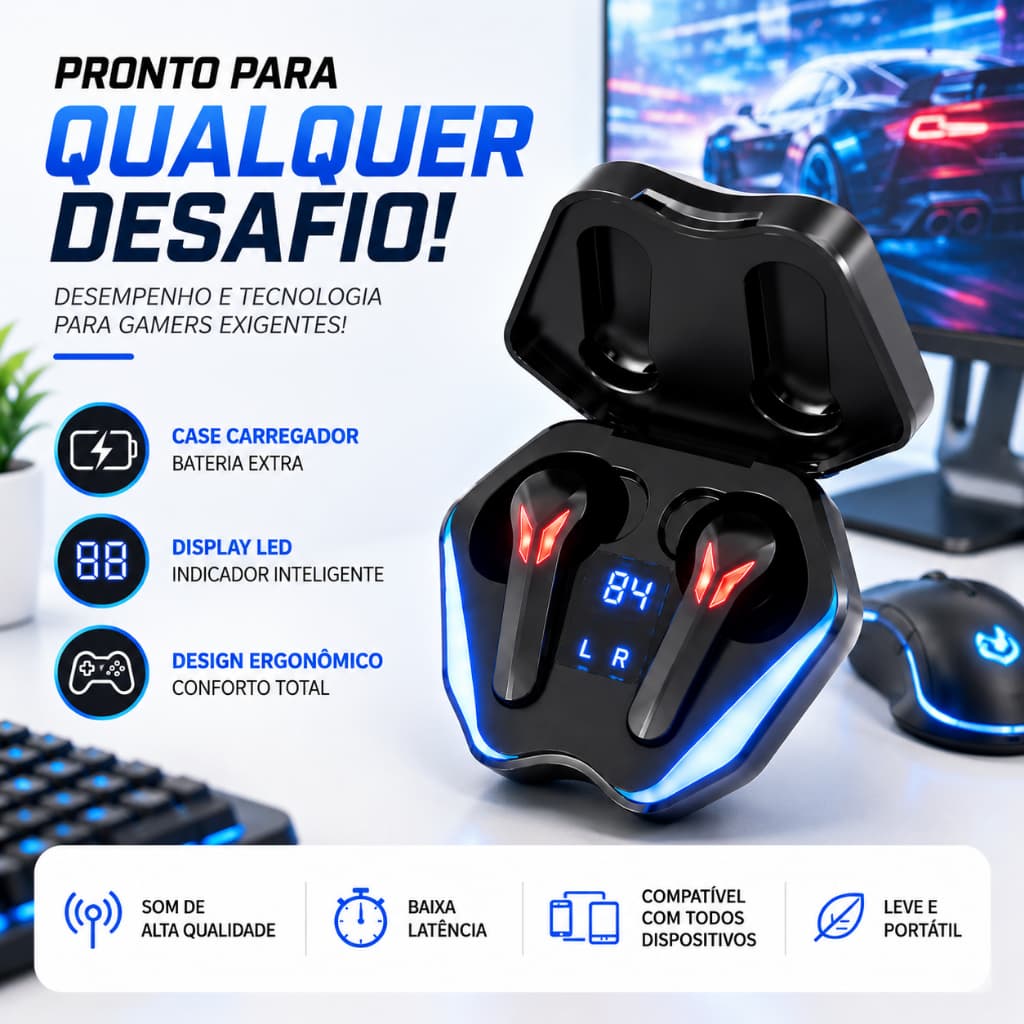 Fone Bluetooth Gamer TWS Sem Fio com Case Display LED e Carregamento USB-C para Celular Notebook Tablet Música e Jogos