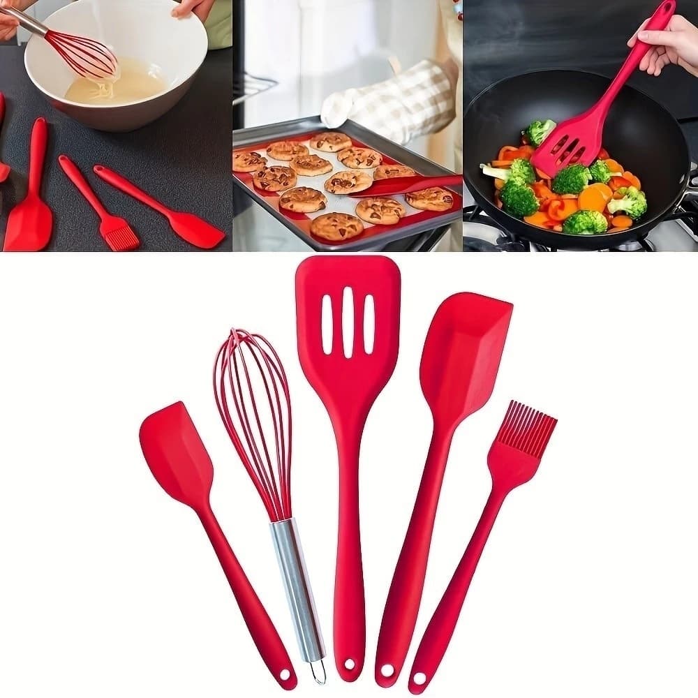 Kit Utensílios de Cozinha Silicone 5 Peças Espátulas Batedor Pincel Culinário
