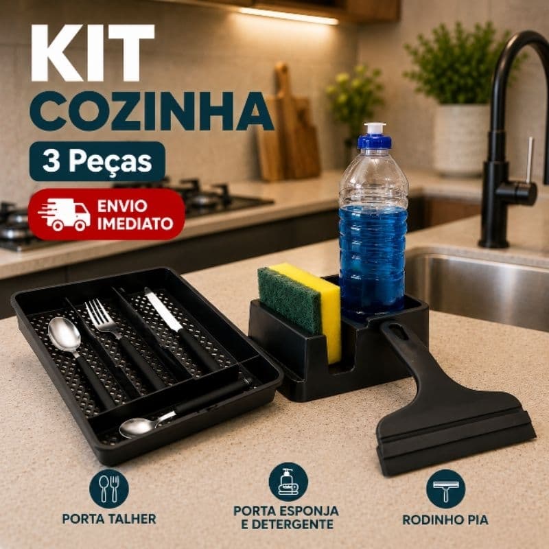 Kit Cozinha 3 Peças Porta Talheres Porta Esponja Detergente + Rodinho de Pia Organizador