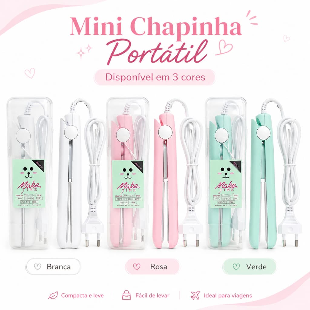 Mini Chapinha Prancha Alisadora de Cabelo Portátil Bivolt 180°C 20W com Estojo para Viagem Cores Branco Rosa e Verde