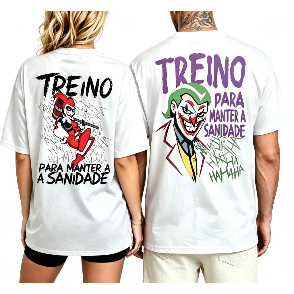 2pcs-Camiseta Kit Casal, com padrão do Coringa + Arlequina, estilo desportivo básico em cor lisa, 100 % algodão