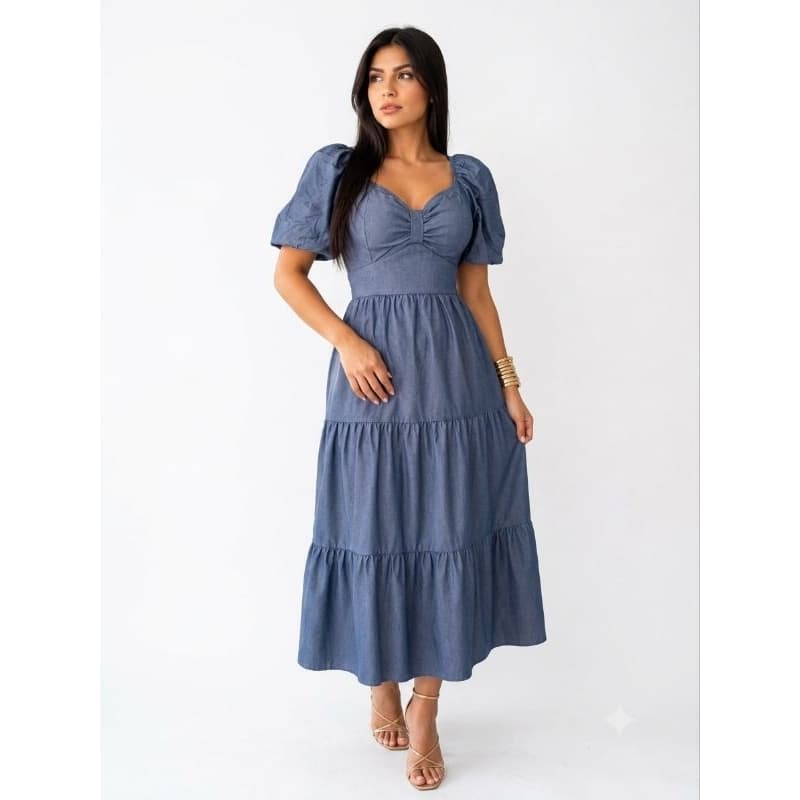 Vestido Feminino Midi Nina Jeans Soft Manga Bufante Princesa Babados Três Marias 100% Viscose Veste 42 ao 44