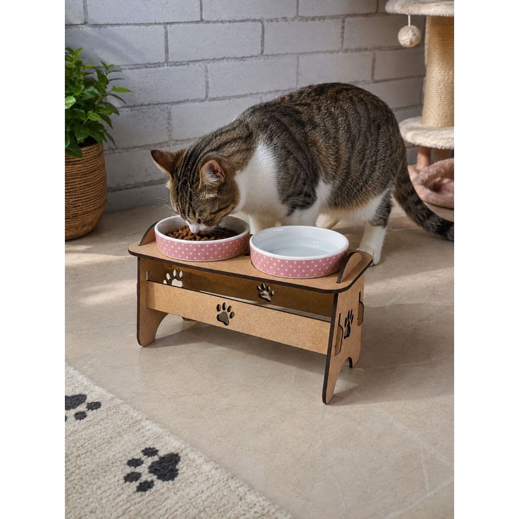 Suporte em MDF Elevado Duplo Pet Gato Cachorro Pets de Pequeno Porte + Comedouro e Bebedouro Porcelana 230 ml