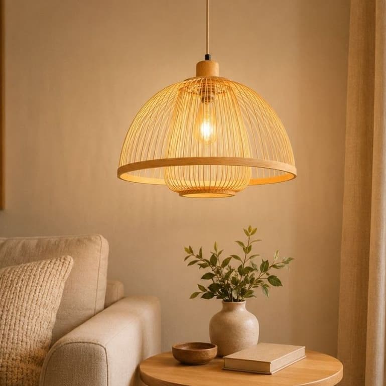 Lustre Pendente de Bambu 42cm com Lâmpada Filamento Cabo 3m Sala de Jantar Cozinha