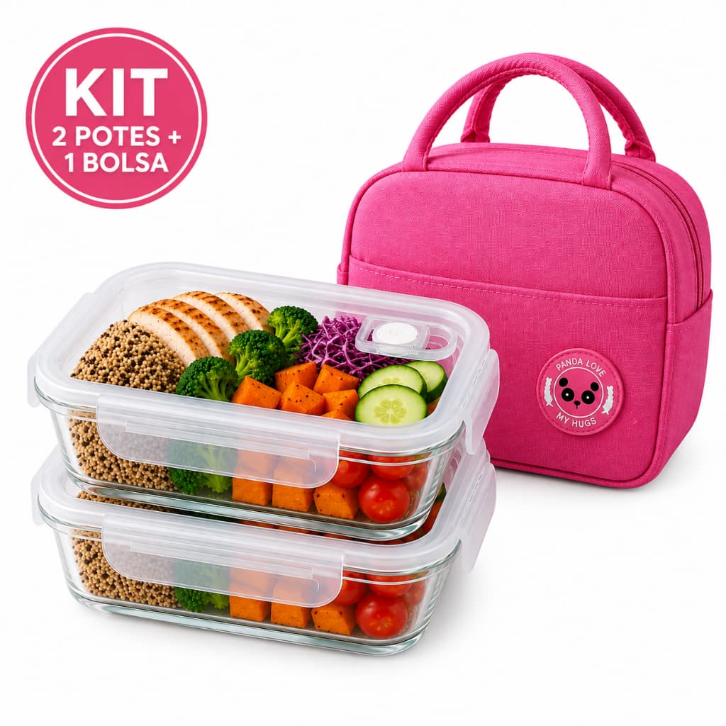 Kit Marmita de Vidro Hermetica Com Bolsa Térmica Para Trabalho Escola Fitness Escritorio Passeio