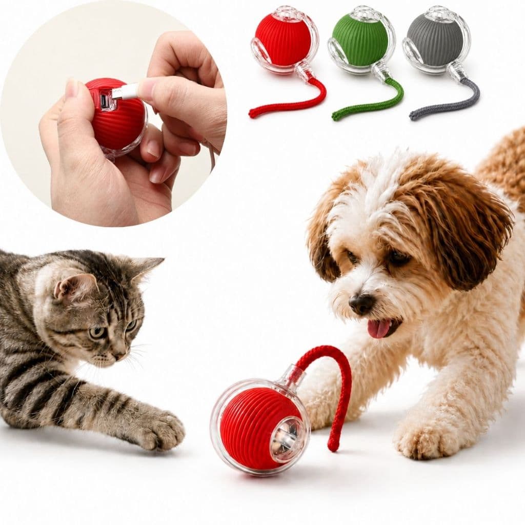 Brinquedo Inteligente Recarregável para Gatos e Cachorros com Bola Automática e Rabo Falso Elétrico