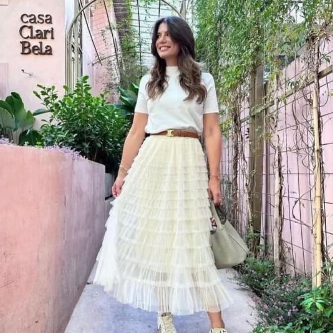 Saia de Tule Feminina com Babados em Camadas Midi Longa Rodada Elegante Festa Romântica Feminino Moda Evangélica Casual