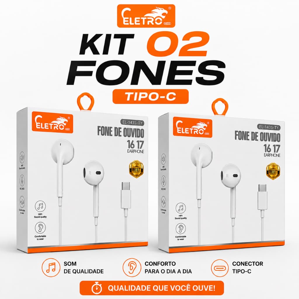 02 Fones com Fio Tipo C USB-C Original Eletromex com Microfone para Celular Samsung Xiaomi iPhone 15 16