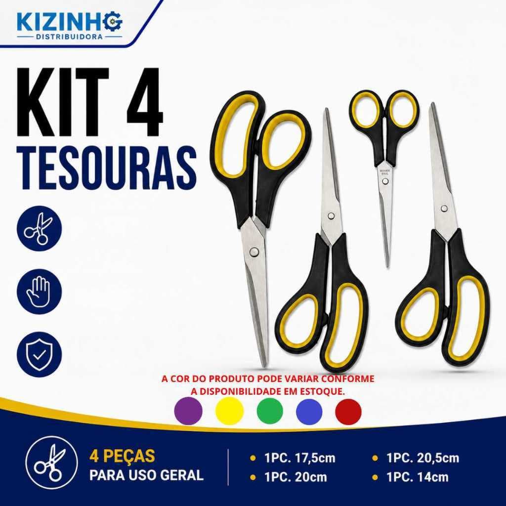 Conjunto 4 Tesouras Uso Geral em Diferentes Tamanhos, com Cabo Confortável e Prático Multicolor