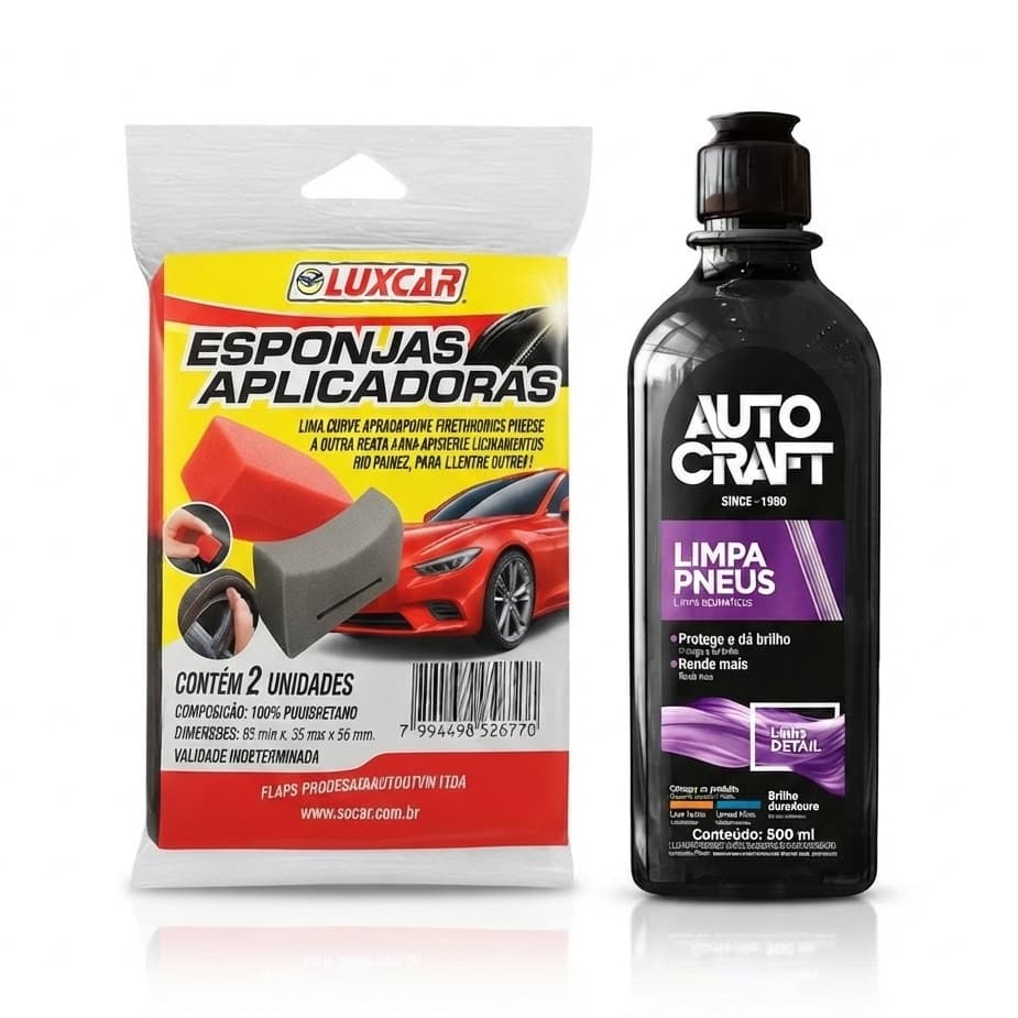 Kit Pretinho Para Pneus AutoCraft Limpa Pneus Mais Esponja Aplicadora LuxCar