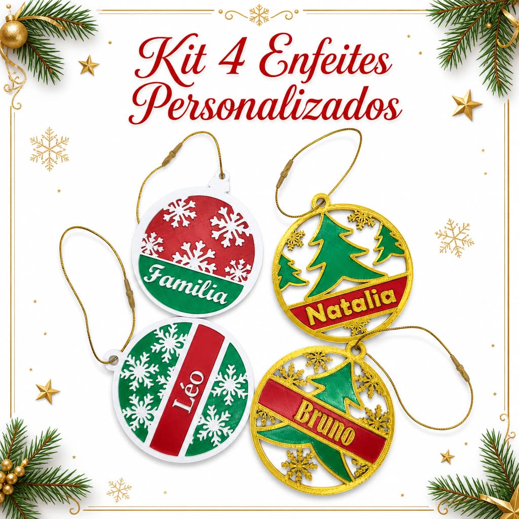 Kit 4 Enfeites de Natal Personalizado com Nomes Decoração Árvore Família Cordão Dourado Presente Personalizado
