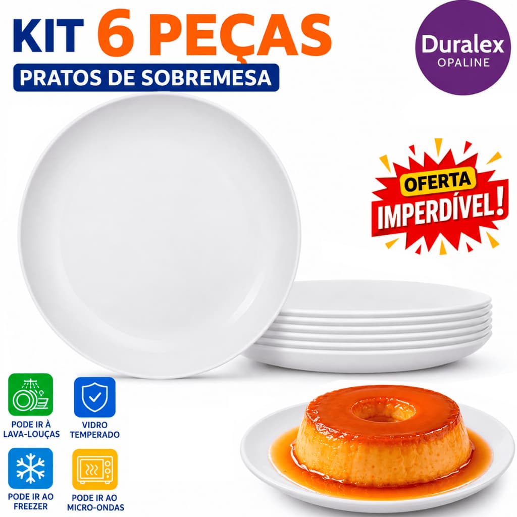 Jogo de 6 Pratos de Sobremesa Blanc Nadir Opaline 19cm Vidro Braco Redondo Laches Buffet Hotel
