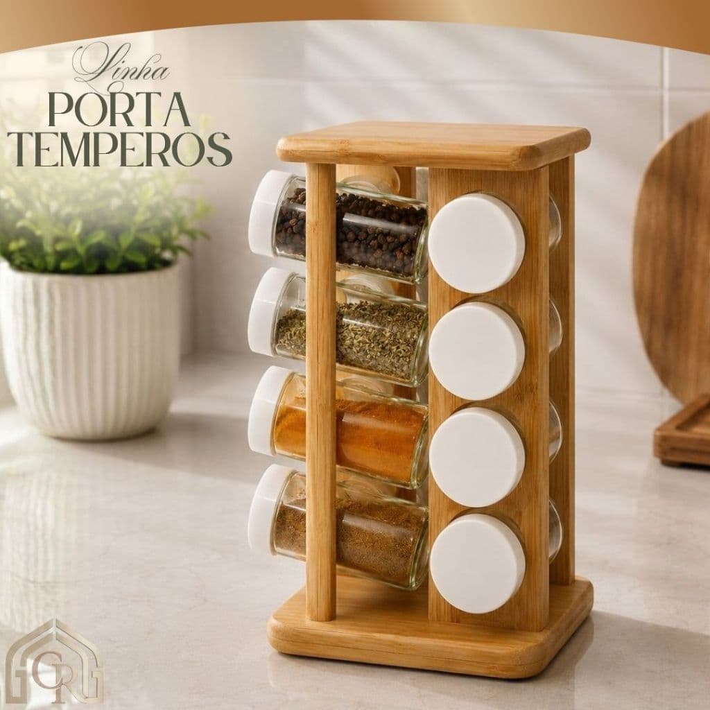 Porta Temperos Giratório 16 Frascos Vidro e Bambu Organizador Compacto Cozinha Prático