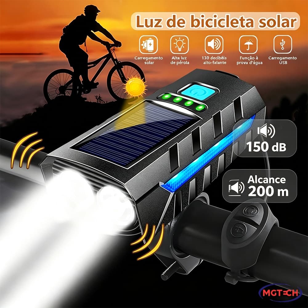 Kit Lanterna De Bike Luz Solar E Usb Recarregável 200M Com Buzina E À Prova D'Água Farol Bicicleta