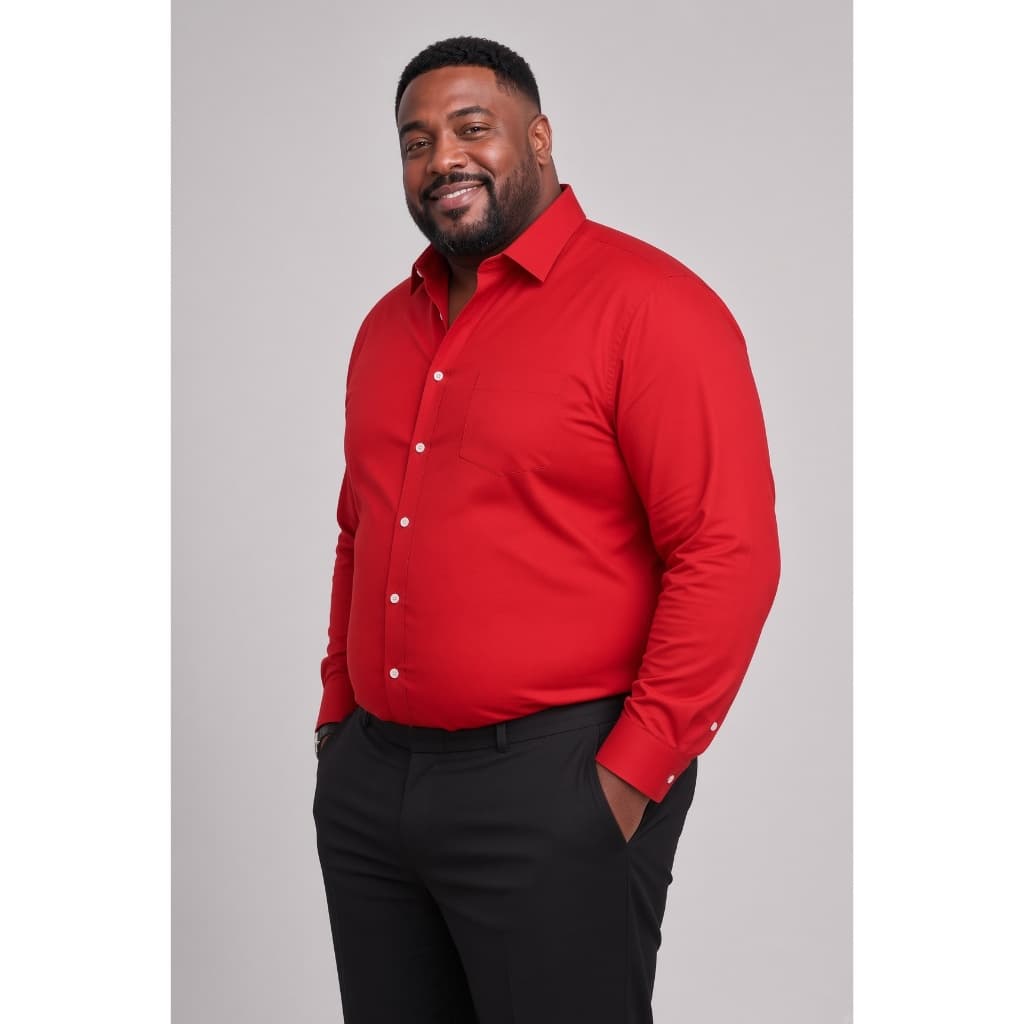 Camisa Social Masculina Plus Size Manga Longa Vermelha Lisa Microfibra com Elastano Bolso Trabalho Uniforme Extra Grande