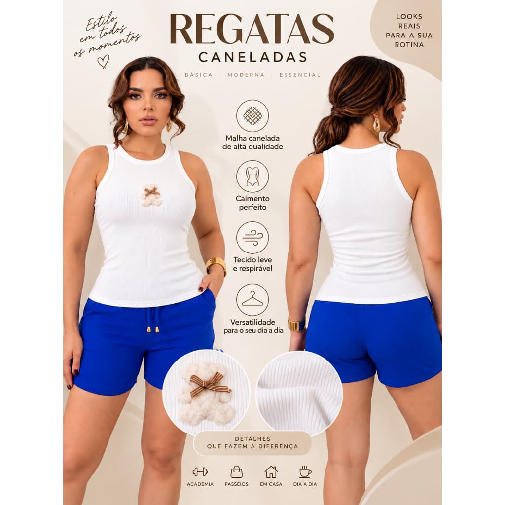 Regata Feminina Canelada Básica Gola Redonda Moda Casual Regata Canelada