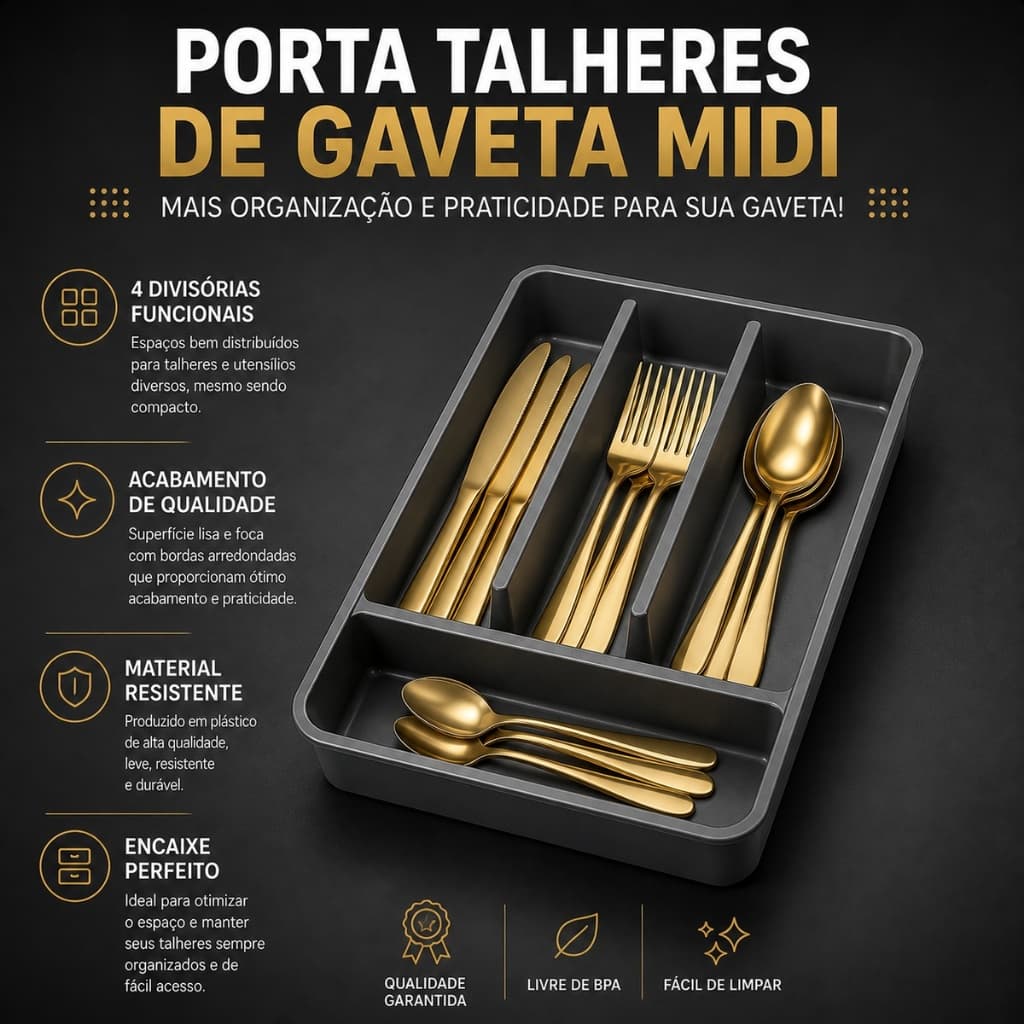 Porta Talher de Gaveta 4 Divisórias Organizador Separador de Talher Compacto Plástico Resistente Fosco Midi Plasnorthon