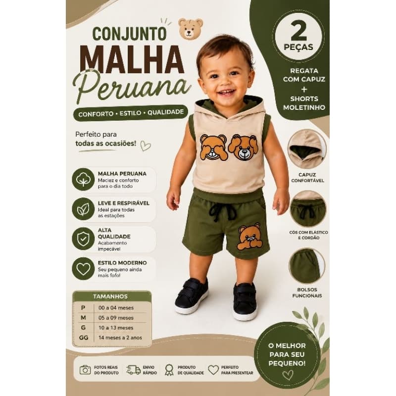 PERUANA – REGATA COM CAPUZCONJUNTO BEBÊ MENINO MALHA + SHORTS