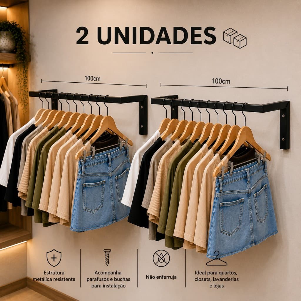 2 Araras De Roupa Parede 1 Metro Suporte Roupas Cabideiro Quarto Closet Preto/Branco