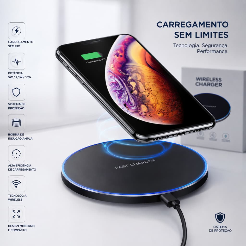 Carregador Sem Fio Rapido 15w Indução Sensor Mesa Turbo Fast Para Celular iPhone/Android Universal YS-10