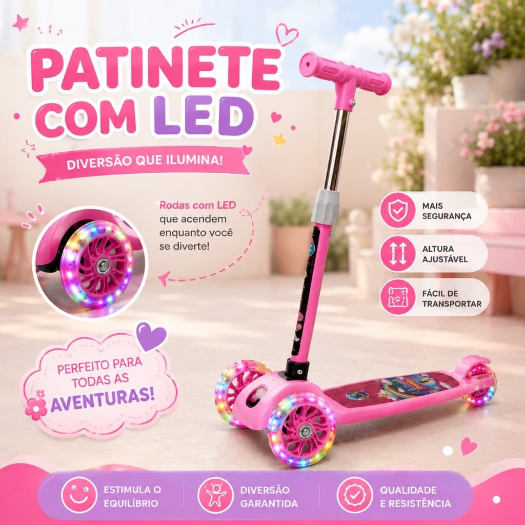 Patinete Cor Rosa/Azul Infantil LED 3 Rodas Dobrável