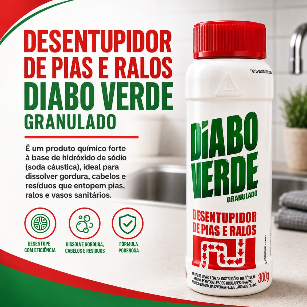 Desentupidor Diabo Verde Pias Ralos Privadas Canos 300g Granulado Fórmula Potente
