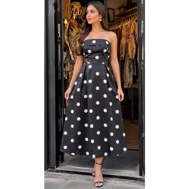 VESTIDO LONGO POÁ FEMININO BOLINHA TOMARA QUE CAIA MODINHA TENDÊNCIA RETRÔ