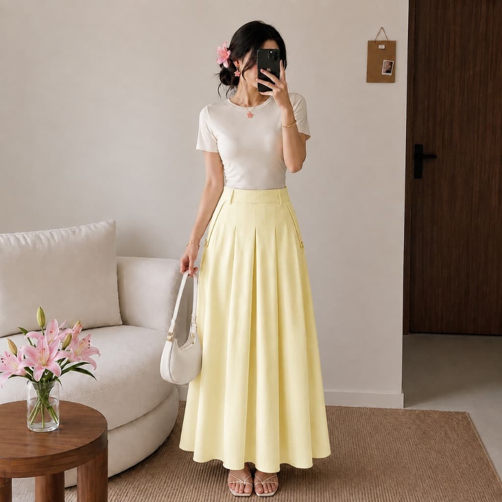 Saia Longa Feminina Cintura Alta com Pregas Elegante Evasê Soltinha Casual Social