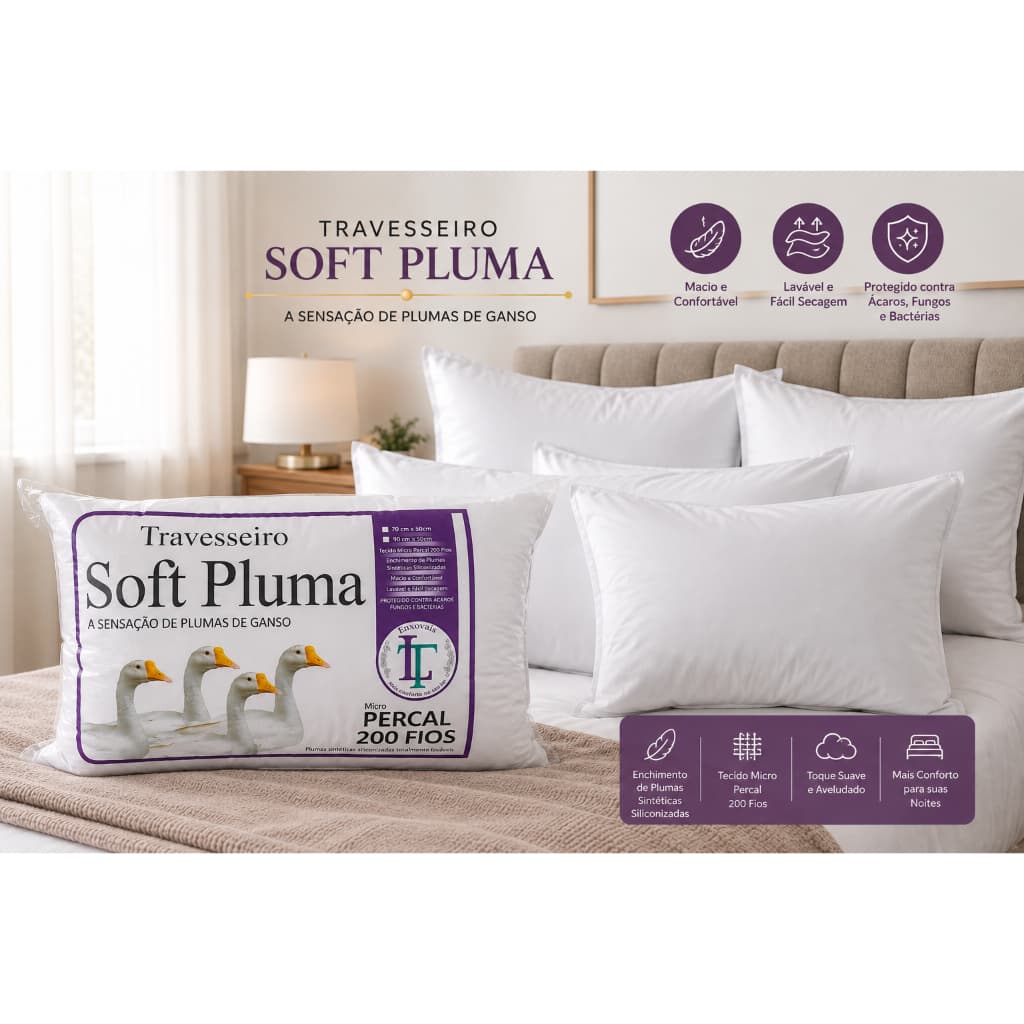 Kit 04 Travesseiros Percal 200 Fios Toque De Pluma De Ganso 70cm X 50cm