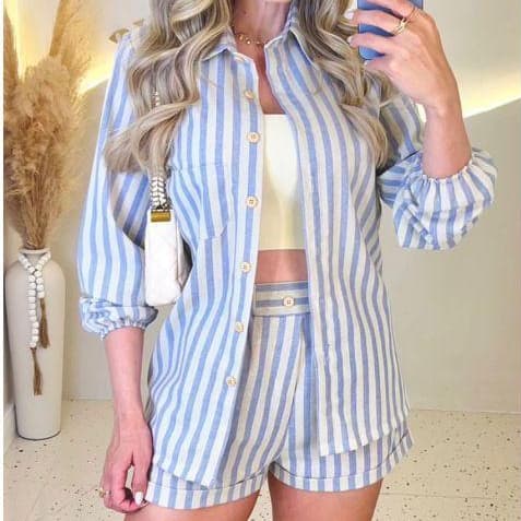 Conjunto Feminino Linho Listrado Camisa e Shorts Manga Longa