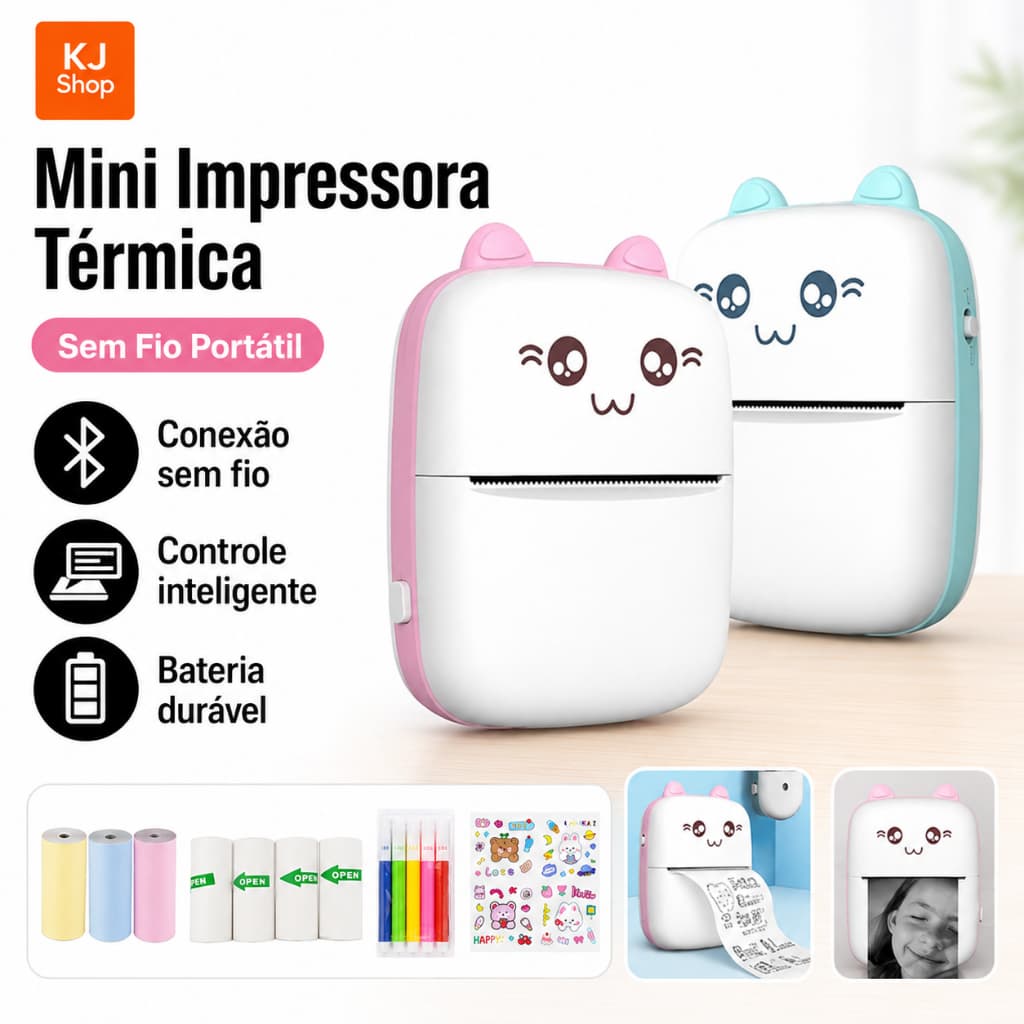 Mini Impressora Portátil Térmica Sem Fio Bluetooth Android e iOS Compatível Para Fotos e Etiquetas
