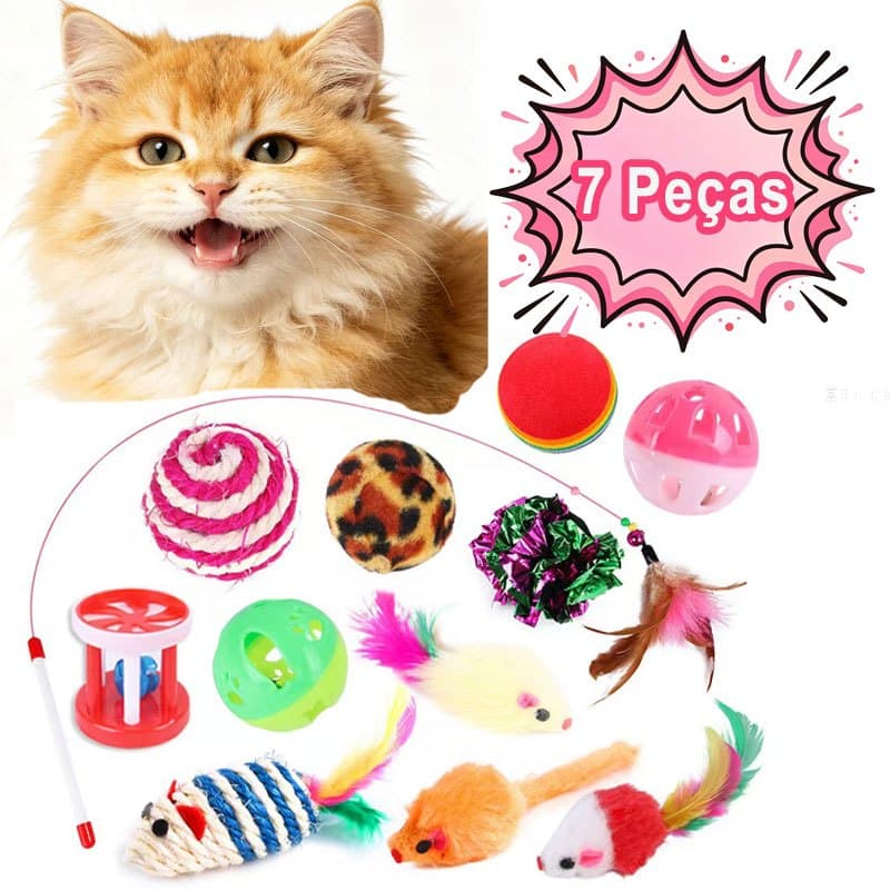 Kit 7 Brinquedos para Gatos Sortidos com Varinha Ratinho Bolinha Pena Interativo Filhotes Adultos