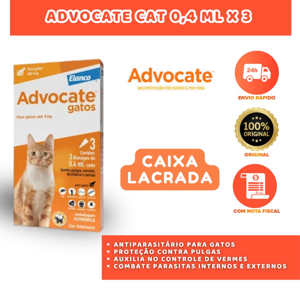 ADVOCATE CAT 0,4 ML X 3 EMBALAGEM ECONÔMICA ANTIPULGAS E VERMÍFUGO PARA GATOS