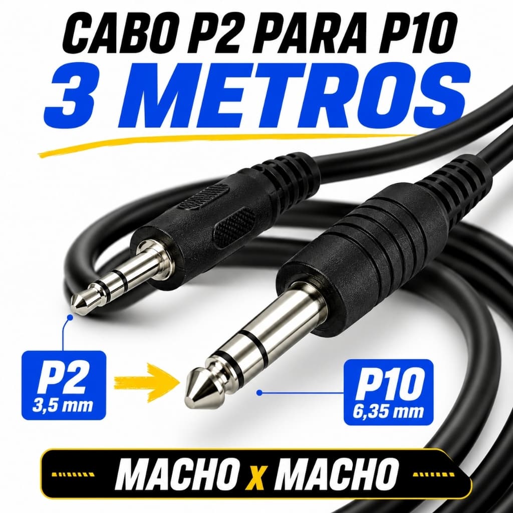 Cabo P2 para P10 3 Metros Áudio Estéreo 3,5mm x 6,35mm Macho para Mesa de Som Caixa Amplificada PC Notebook