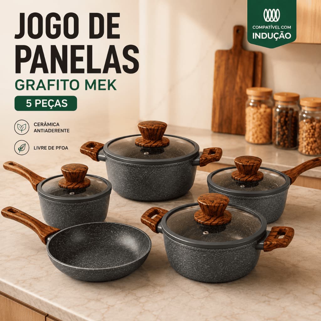 Jogo de Panelas Grafite 4 e 5 Peças Frigideira Caçarola Panela Fervedor Revestimento Cerâmico Antiaderênte Indução A Gás