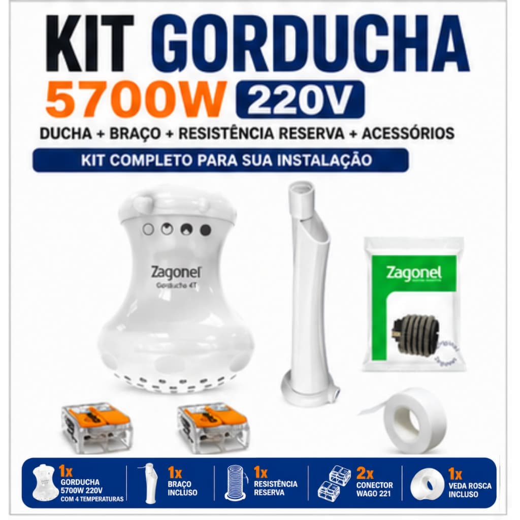 Chuveiro Elétrico Gorducha com Braço Zagonel 220V 5700W + Resistência Original + 2 Conectores Wago  + Fita Veda Rosca