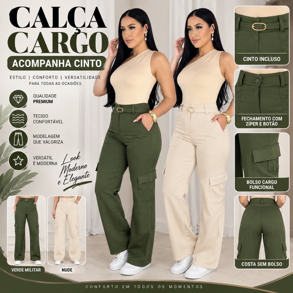 Calça Cargo Feminina Alfaitaria ACOMPANHA CINTO