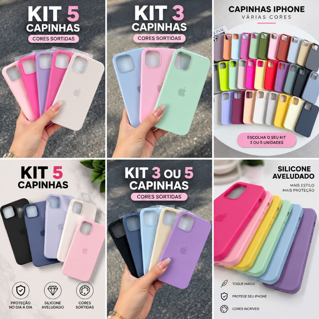 Kit 5 ou 3 Capinhas para iPhone Aveludadas Premium | Cores Sortidas iphone 11/12/13/14/15/16