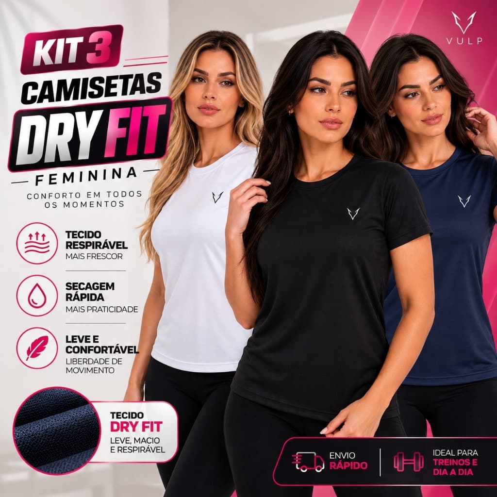 Kit 3 Camiseta Dry Fit Feminina Original Respirável Confortável Ideal Para Treinos Academia