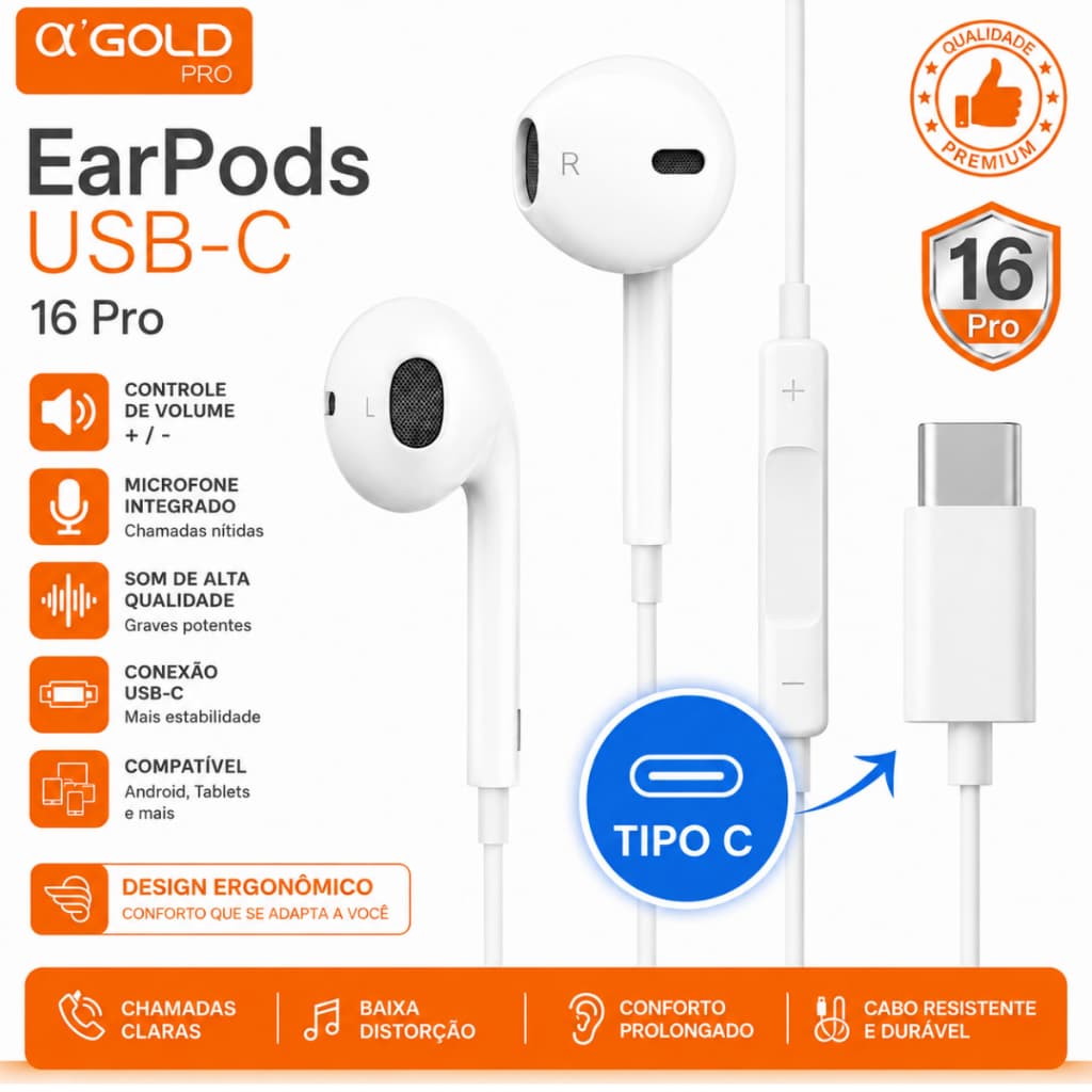 Fone de Ouvido Tipo C USB-C  16 Pro Com Microfone Controle de Volume Graves Potentes A GOLD