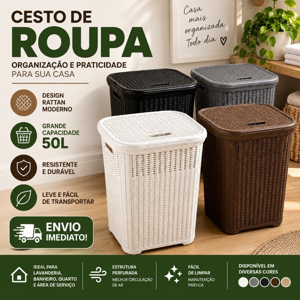 Cesto Rattan 50 Litros Com Tampa Premium Organizador para Banheiro, Quarto e Lavanderia