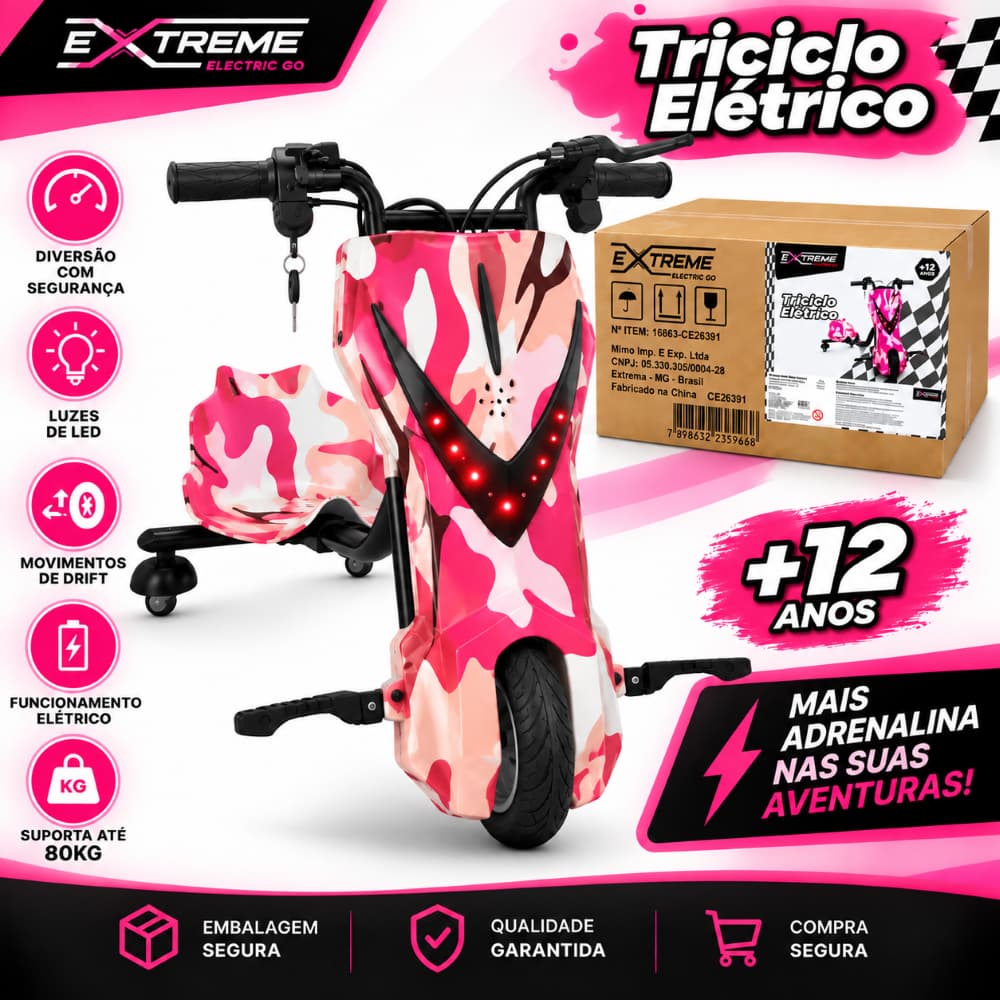 Triciclo Drift Extreme Pink Infantil Elétrico Led Motor 250W Até 80KG