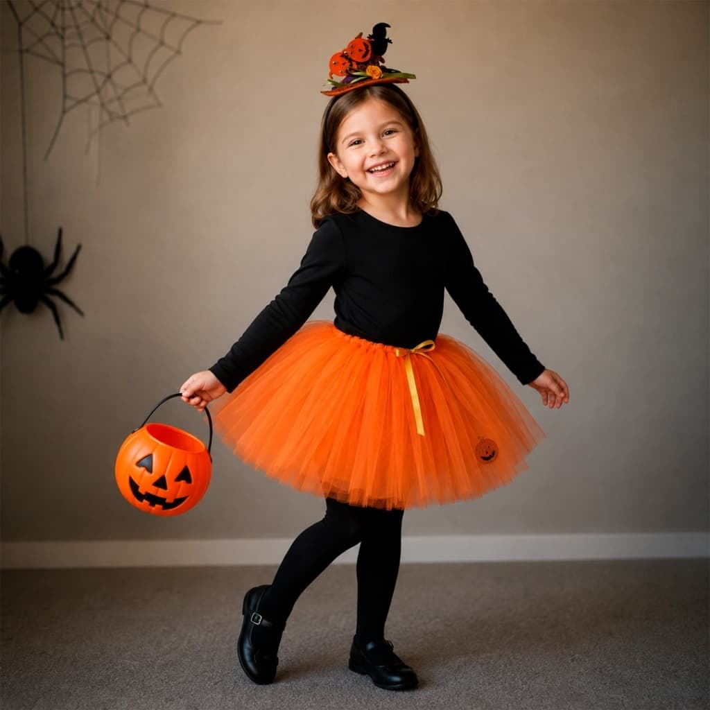 Fantasia Saia Infantil Laranja Bruxa Bruxinha Criança Halloween Menina Saia de Tule + Tiara