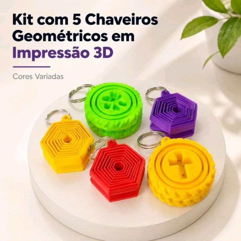 Kit com 5 Chaveiros Geométricos em Impressão 3D – Cores Variadas