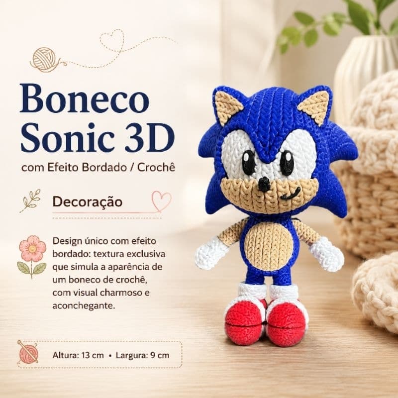 Boneco Sonic 3D com Efeito Bordado / Crochê - Decoração