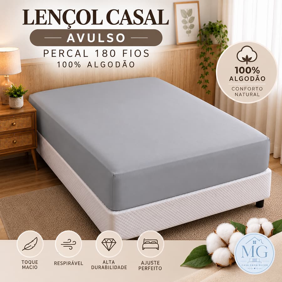 Lençol Casal com Elástico Percal 180 Fios 100% Algodão Lençol de Cama Casal Macio