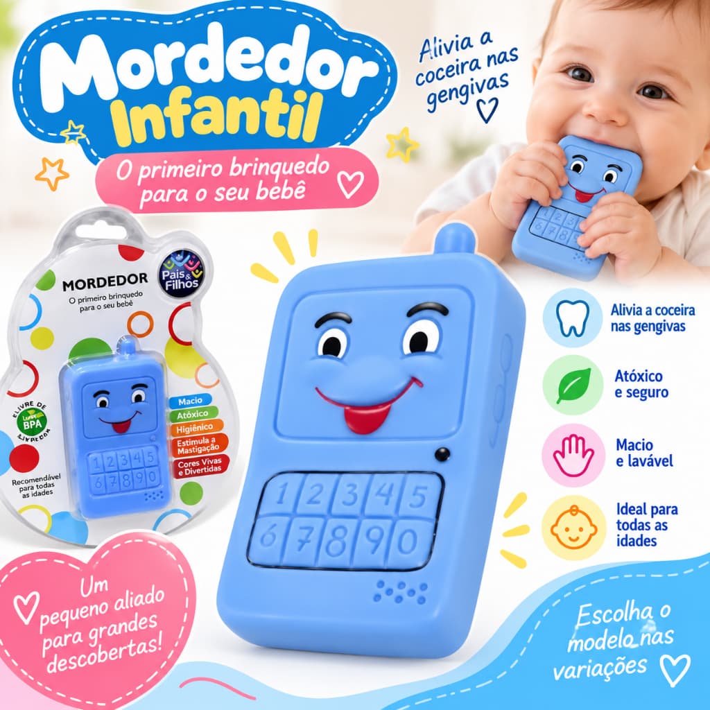 Mordedor de Silicone Formato Celular – Pais e Filhos (Azul)