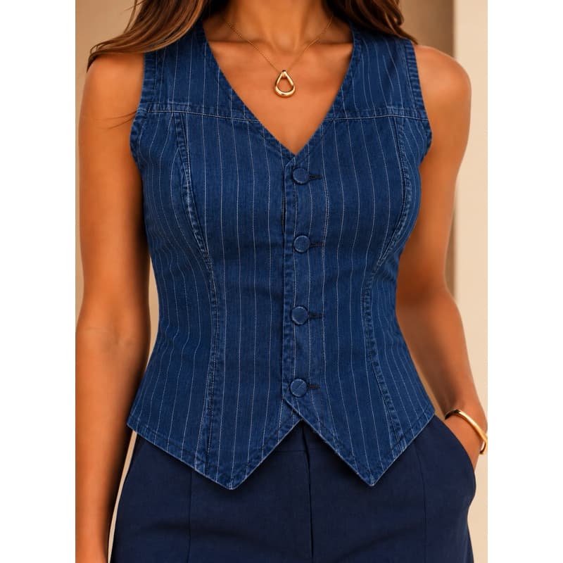 Colete Jeans Risca de Giz Feminino Acinturado Social Sem Manga Estilo Alfaiataria Botões Elegante